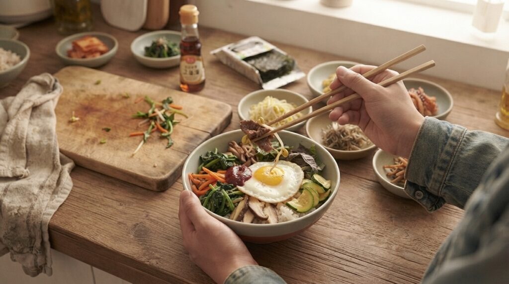Beginner practicing with Korean chopsticks and spoon over bibimbap at home