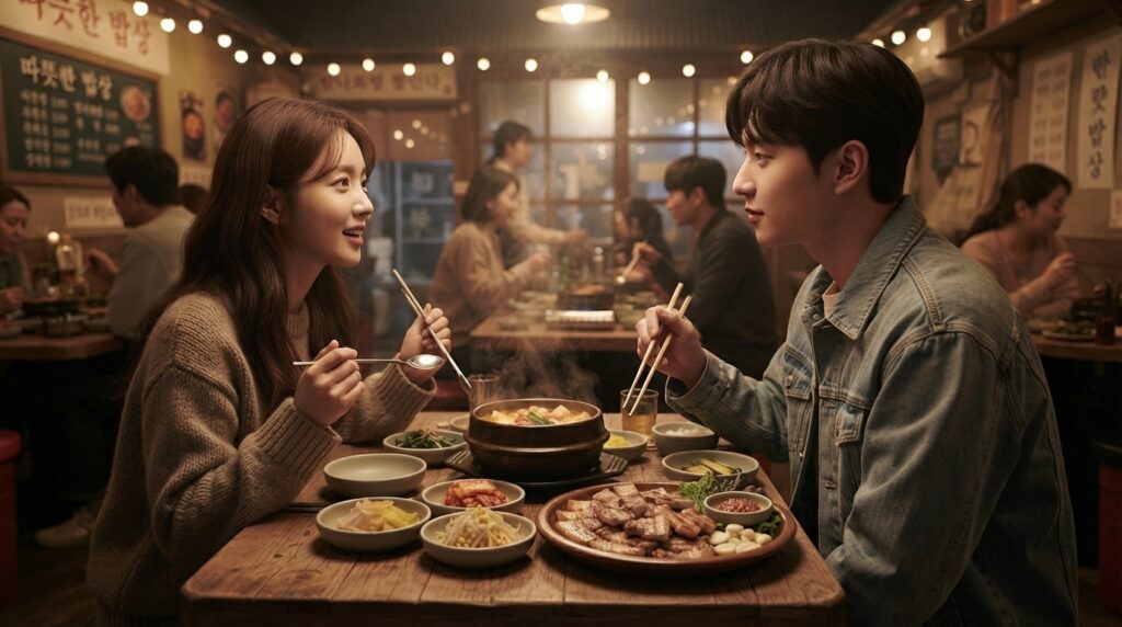 K-drama style dining scene with chopsticks and spoon over shared Korean dishes