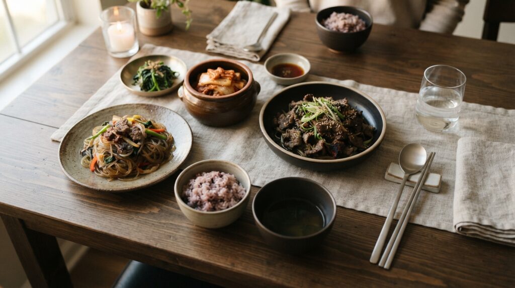 Titanium chopsticks resting beside traditional Korean dishes on a dinner table