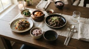 Titanium chopsticks resting beside traditional Korean dishes on a dinner table