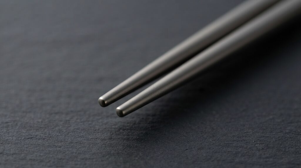 Close-up of sleek titanium chopsticks showing their smooth durable finish
