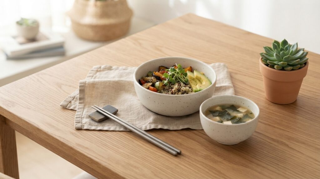 Eco-friendly Korean dining setup with reusable chopsticks and bowls