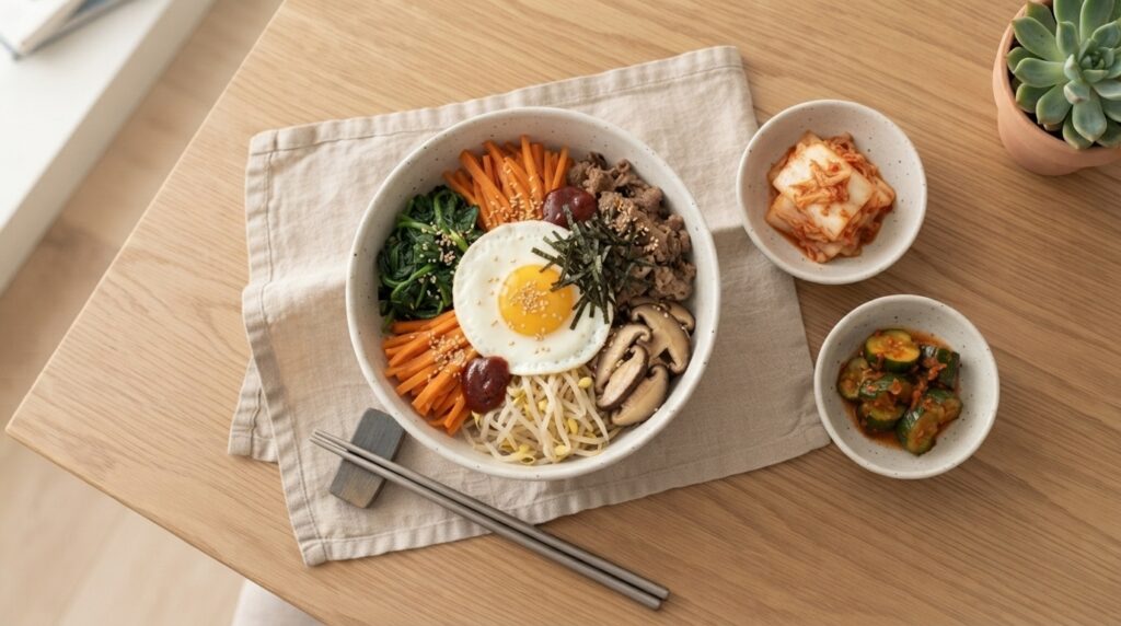 Bibimbap and kimchi paired with chopsticks on a modern table