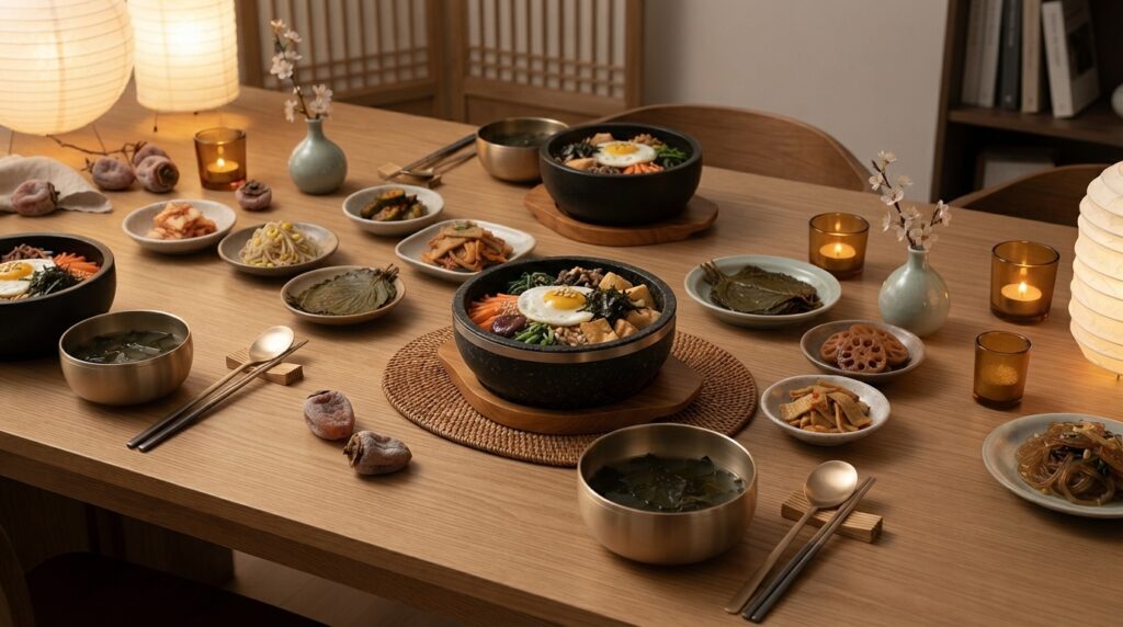 Korean-inspired dinner party table set with chopsticks and banchan