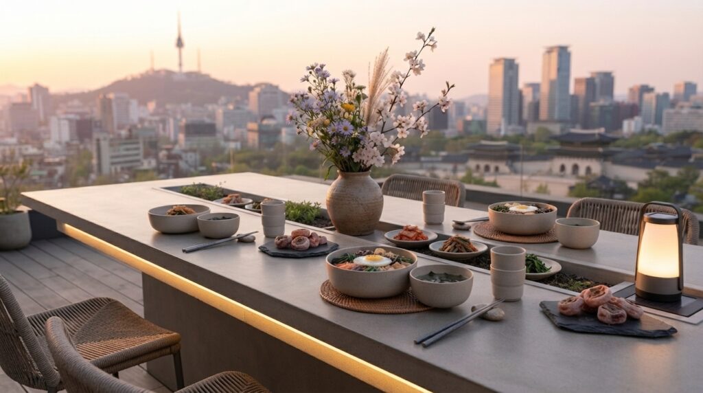 Sustainable rooftop dining scene featuring titanium chopsticks in Seoul