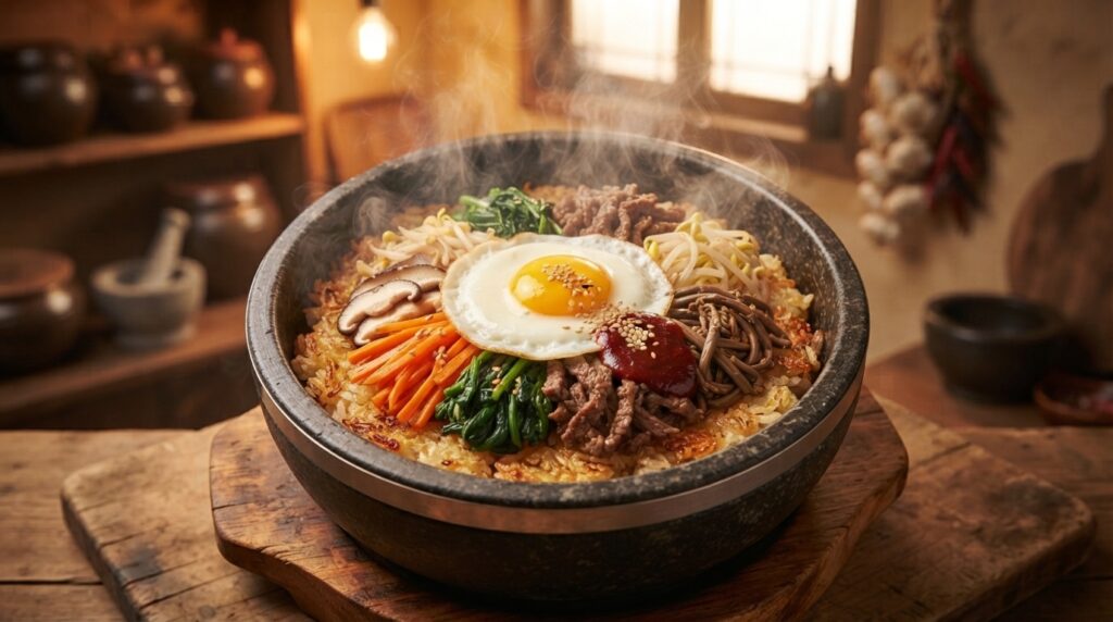 Steaming bibimbap served in a stone pot with vegetables and egg