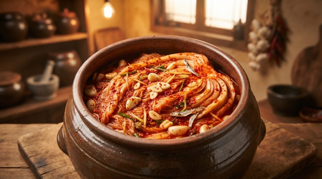 Close-up of authentic Korean kimchi made with napa cabbage and spices
