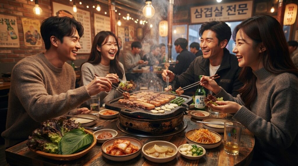 Friends grilling samgyeopsal pork belly together at a Korean BBQ table