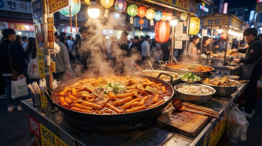 Korean street food stall serving glossy spicy tteokbokki rice cakes