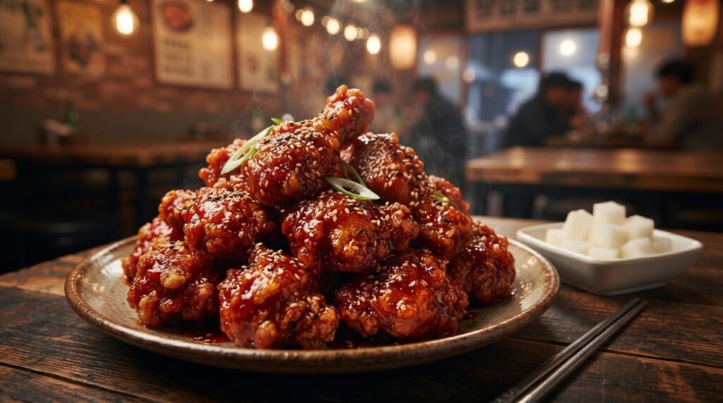 Crispy Korean fried chicken coated in spicy yangnyeom sauce