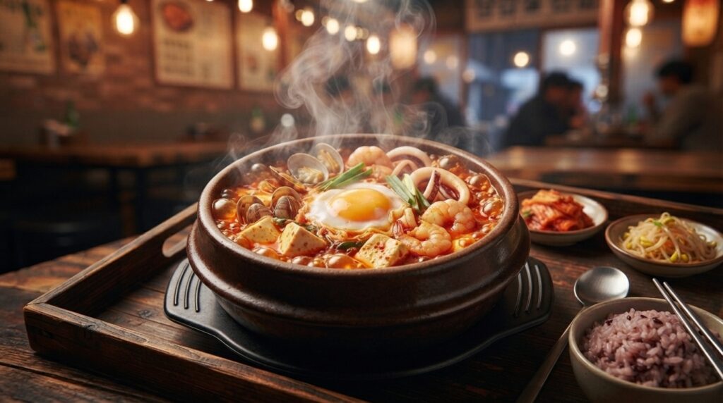 Steaming sundubu jjigae spicy tofu stew with seafood in a clay pot