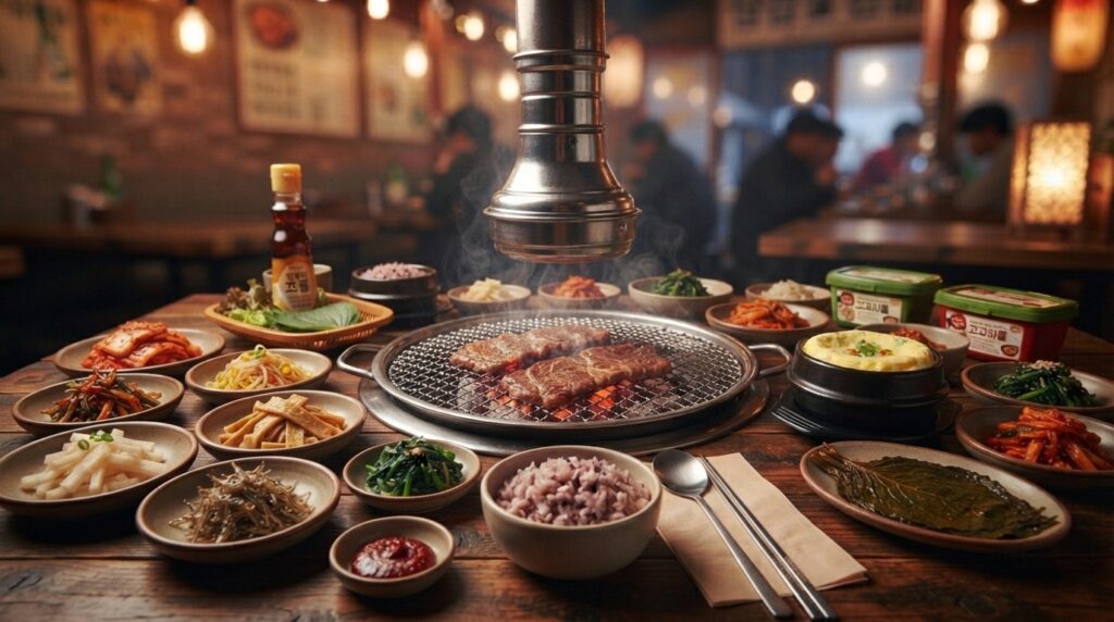 Traditional Korean restaurant table set with banchan and a BBQ grill