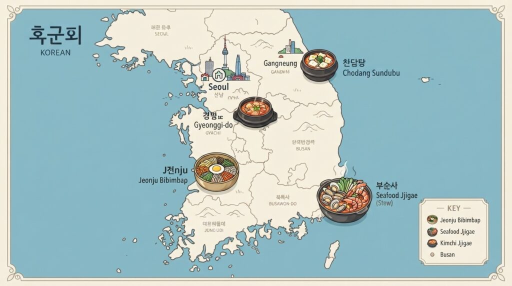 Map-style visual showing regional Korean food specialties across the country