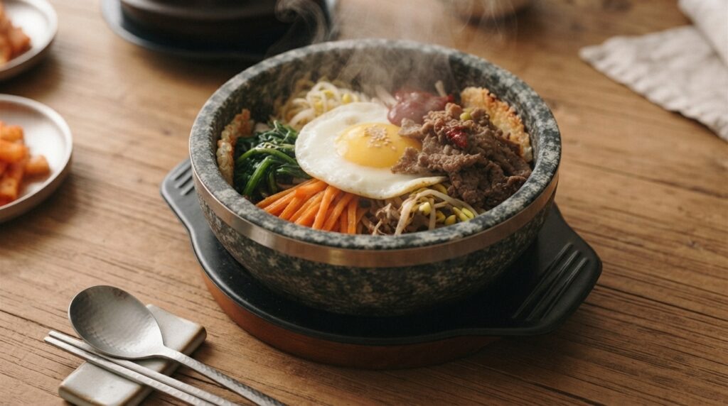 Sizzling dolsot bibimbap in a traditional stone pot