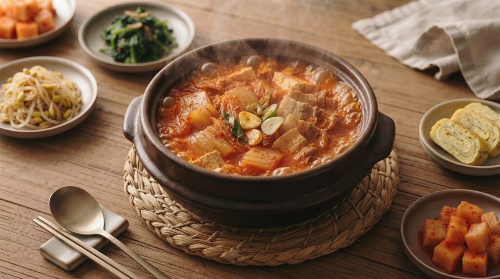 Steaming kimchi jjigae in an earthenware ttukbaegi pot