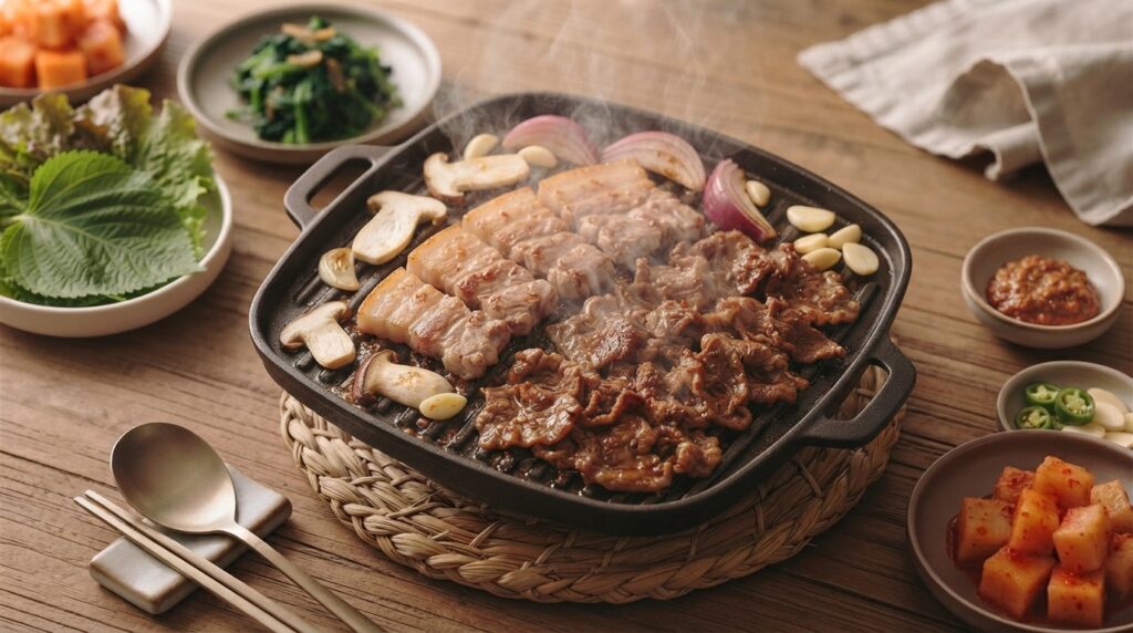 Korean BBQ grill plate with samgyeopsal and banchan