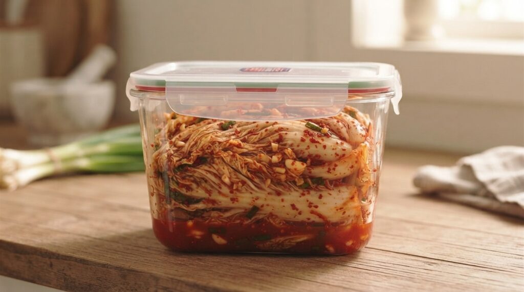 Kimchi fermenting in an airtight storage container