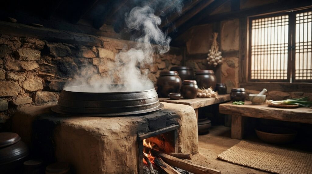 Traditional gamasot cast iron cauldron cooking rice