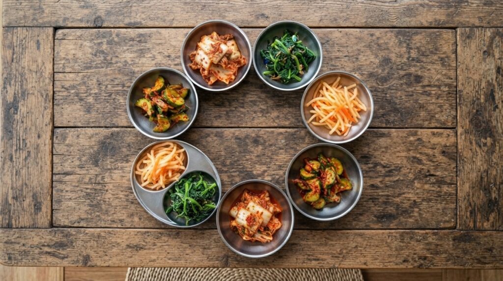 Stainless steel banchan dishes with assorted Korean side dishes