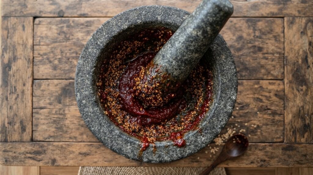 Korean mortar and pestle grinding sesame and gochujang