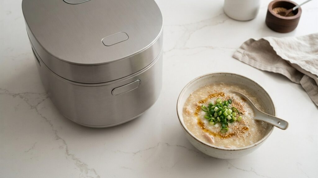 Korean rice cooker with a bowl of dakjuk porridge