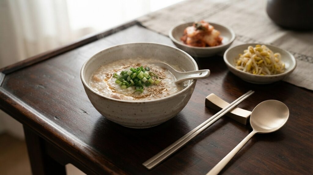 Korean metal chopsticks and spoon with rice and soup