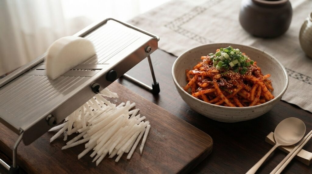 Mandoline slicer preparing radish for mu saengchae salad