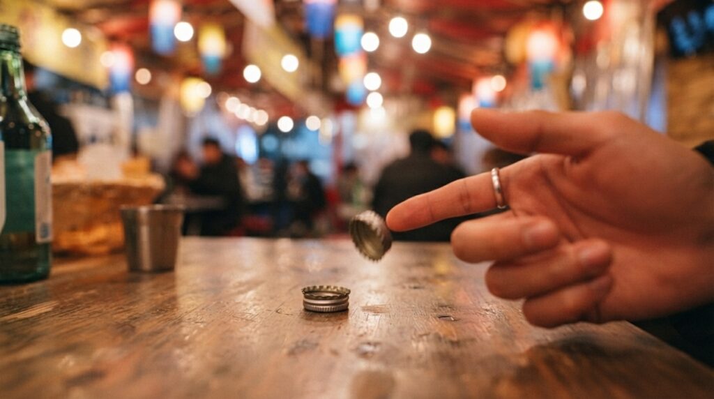 Players flicking soju caps in a Ddakji drinking game