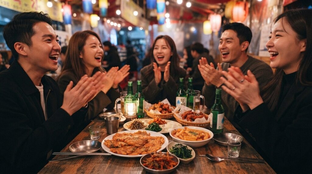 Friends clapping during a 3-6-9 Korean drinking game