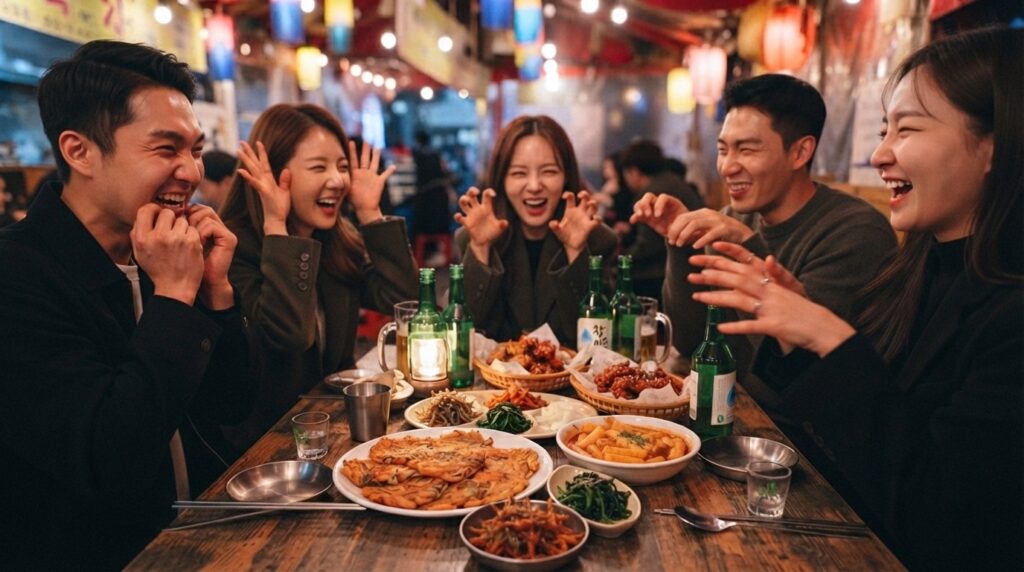 Friends playing the Animal Game at a Korean party