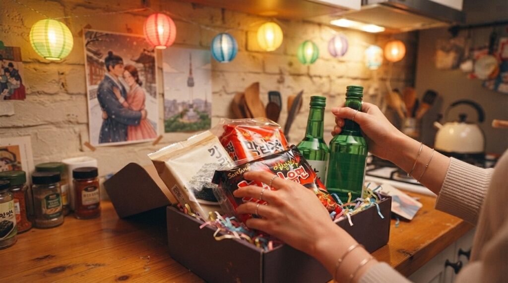 Unpacking Korean party supplies for a K-culture night abroad