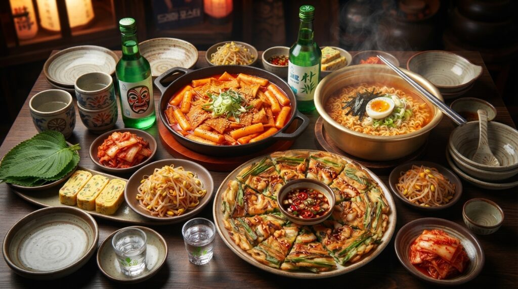 Korean snacks tteokbokki and pajeon paired with soju