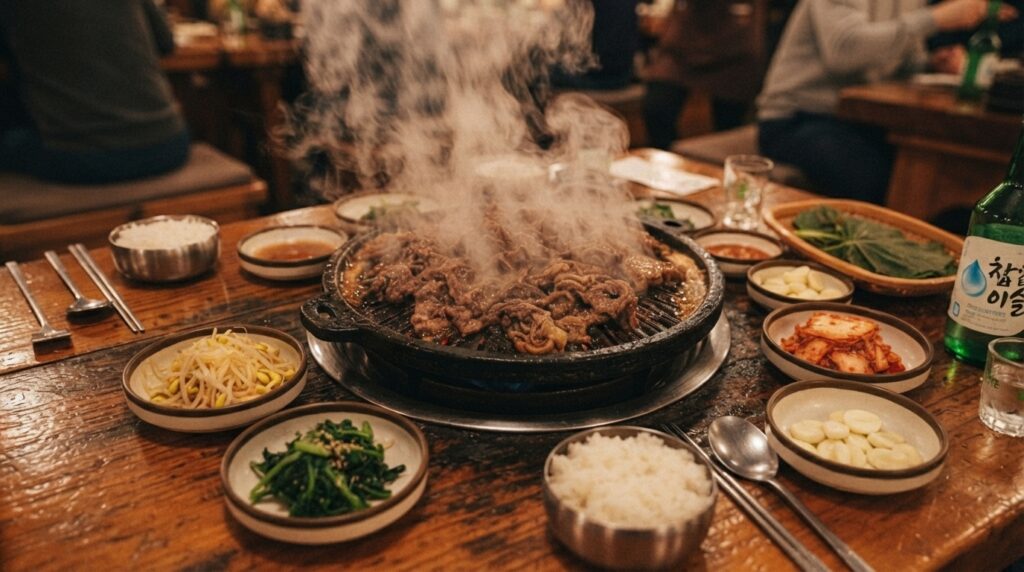 Tabletop grill with sizzling bulgogi and colorful banchan at a Korean restaurant