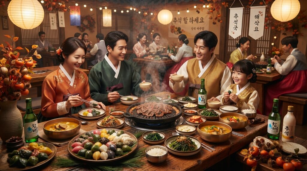 Chuseok celebration with hanbok and rice cakes at a Korean restaurant