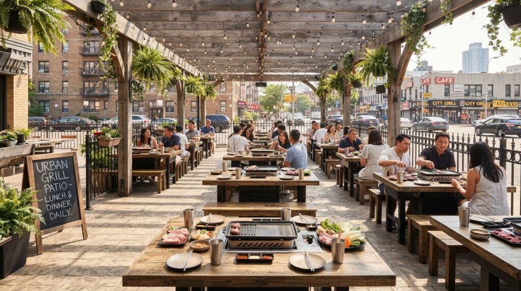 Outdoor patio seating with tabletop grills at a Korean restaurant