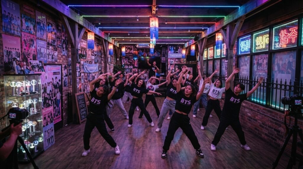 K-pop dance workshop with posters at a Korean restaurant