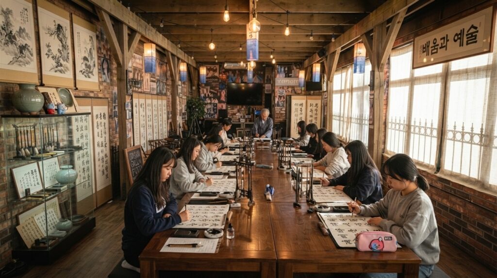 Korean calligraphy workshop event at a community restaurant space