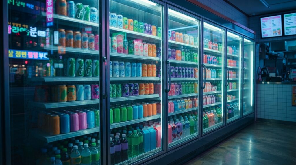 Korean convenience store shelf stocked with soda drinks in Seoul