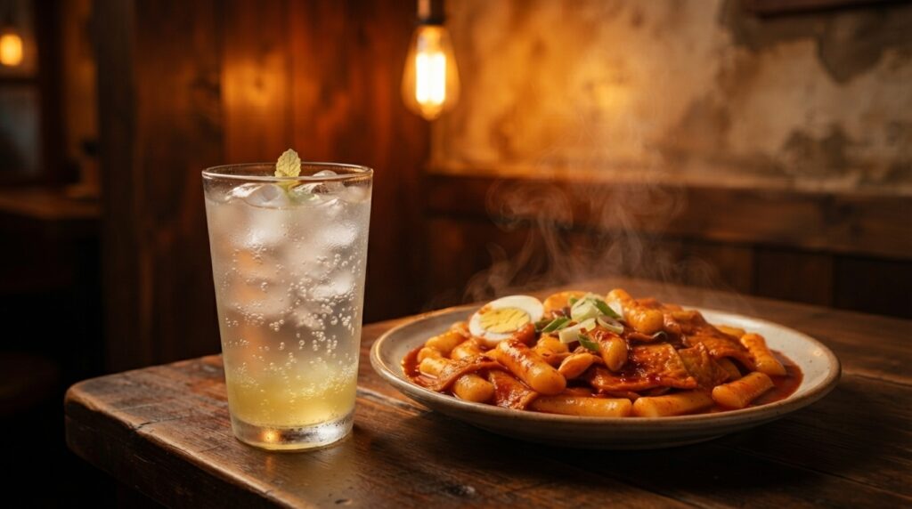 Glass of Korean lemon-lime soda served with spicy tteokbokki