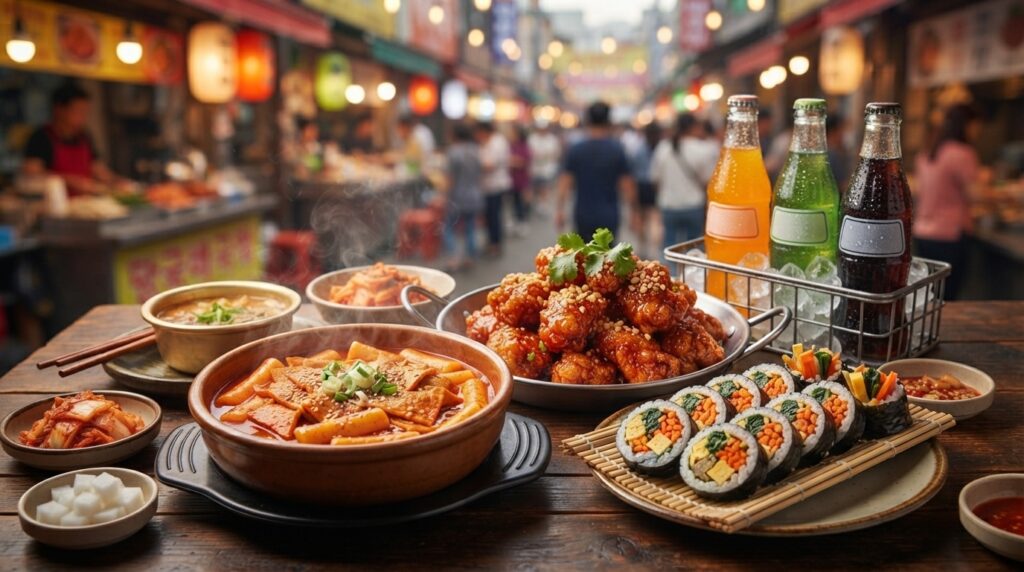 Korean street food paired with chilled soda drinks