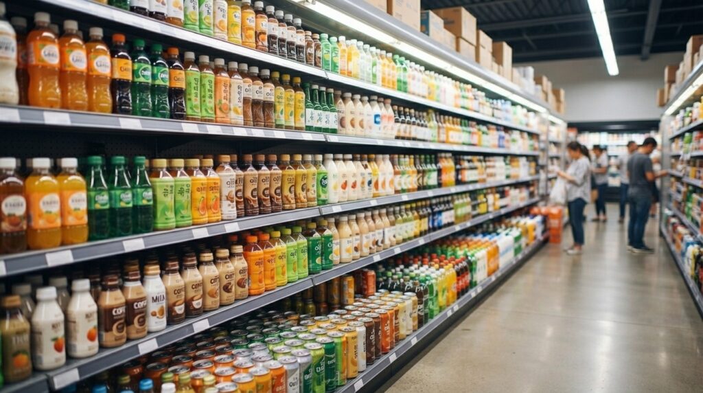 Asian grocery store aisle stocked with Korean beverages