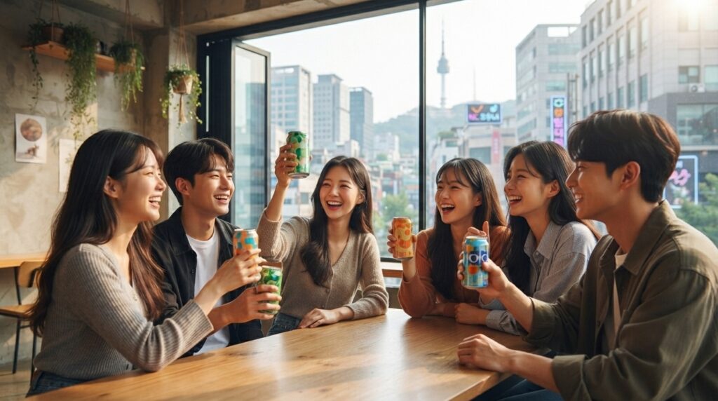 Young friends enjoying Korean soda drinks in a Seoul café
