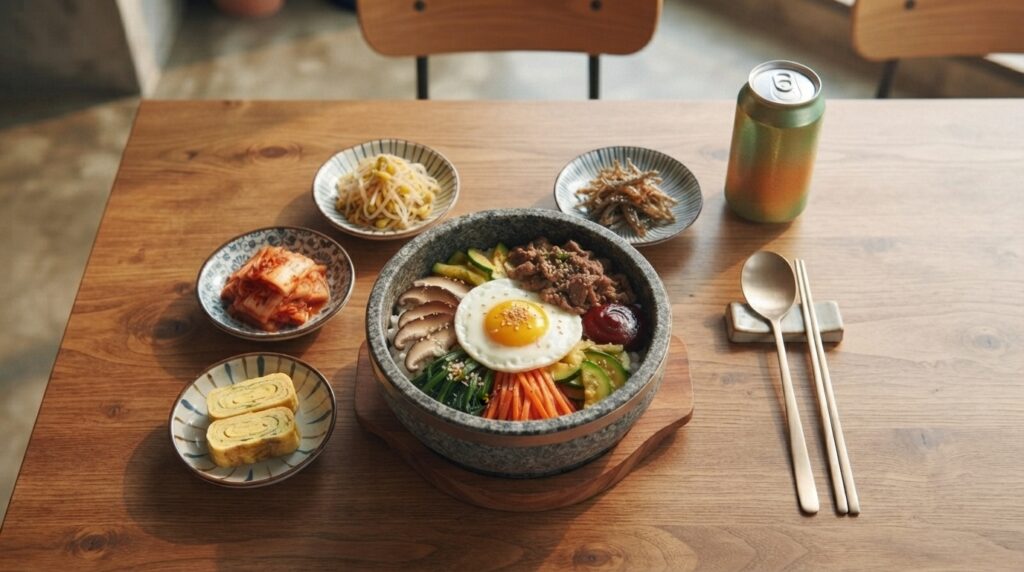 Balanced Korean meal with bibimbap and a soda drink