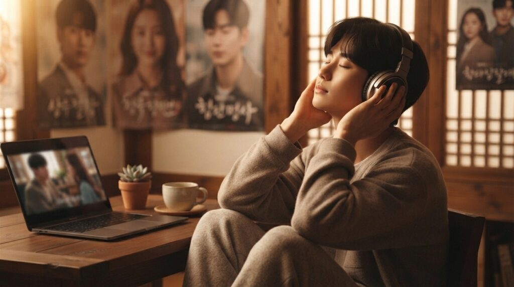 Person practicing Korean listening comprehension with headphones and laptop