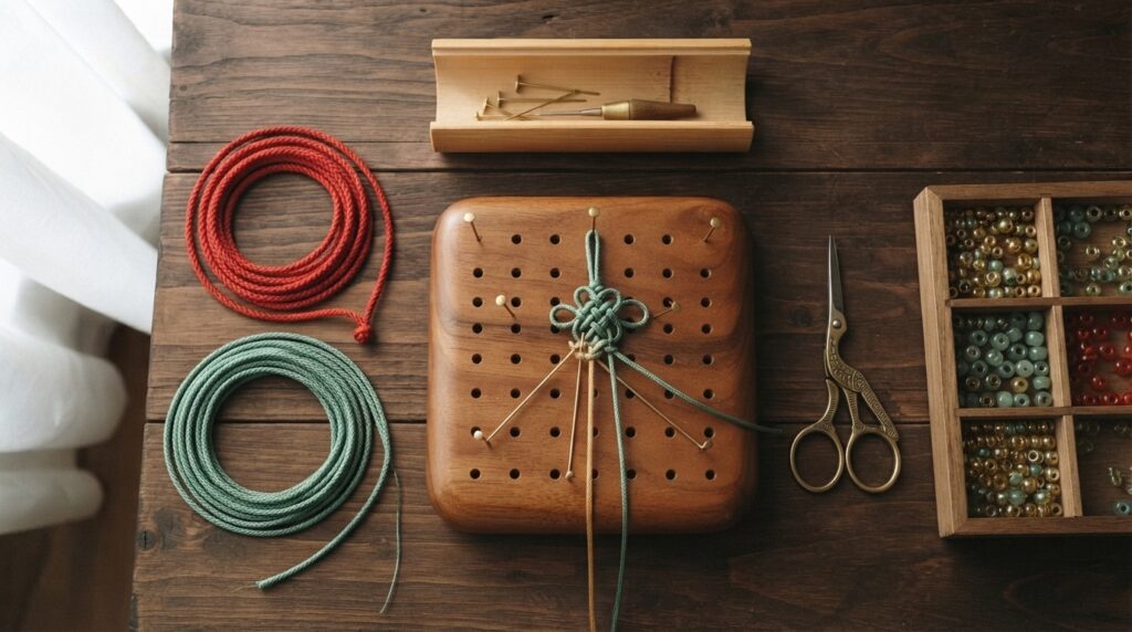 Maedeup beginner workspace with silk cords and knotting board