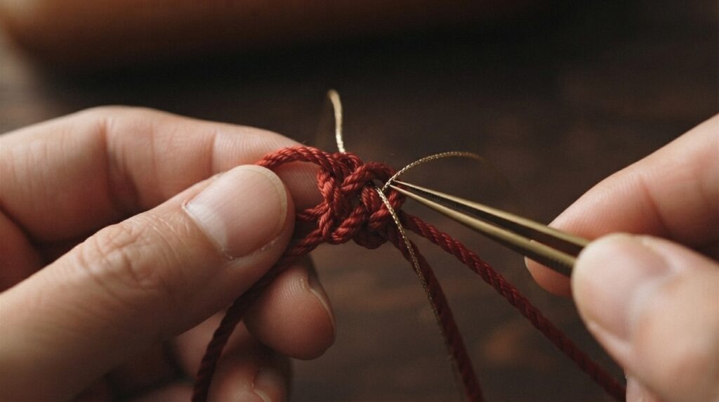 Hands tying a basic dama knot with red and gold cords