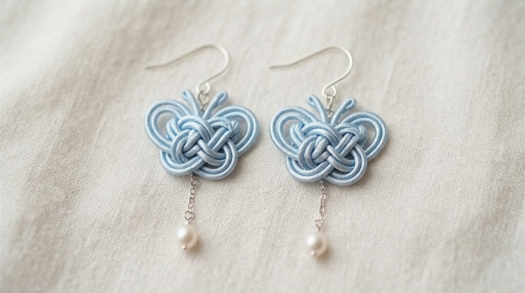 Butterfly maedeup knot earrings on a fabric background