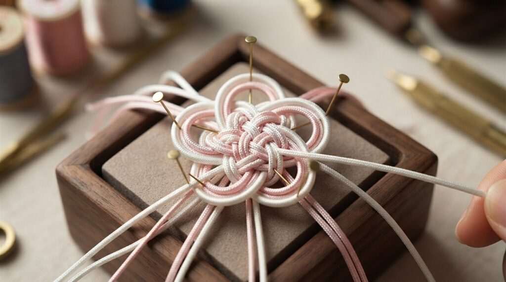 Plum blossom maedeup knot in progress on a knotting board