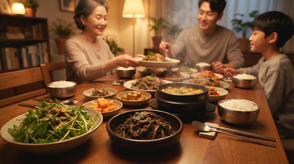 K-drama style Korean meal spread with minari salad and gosari namul