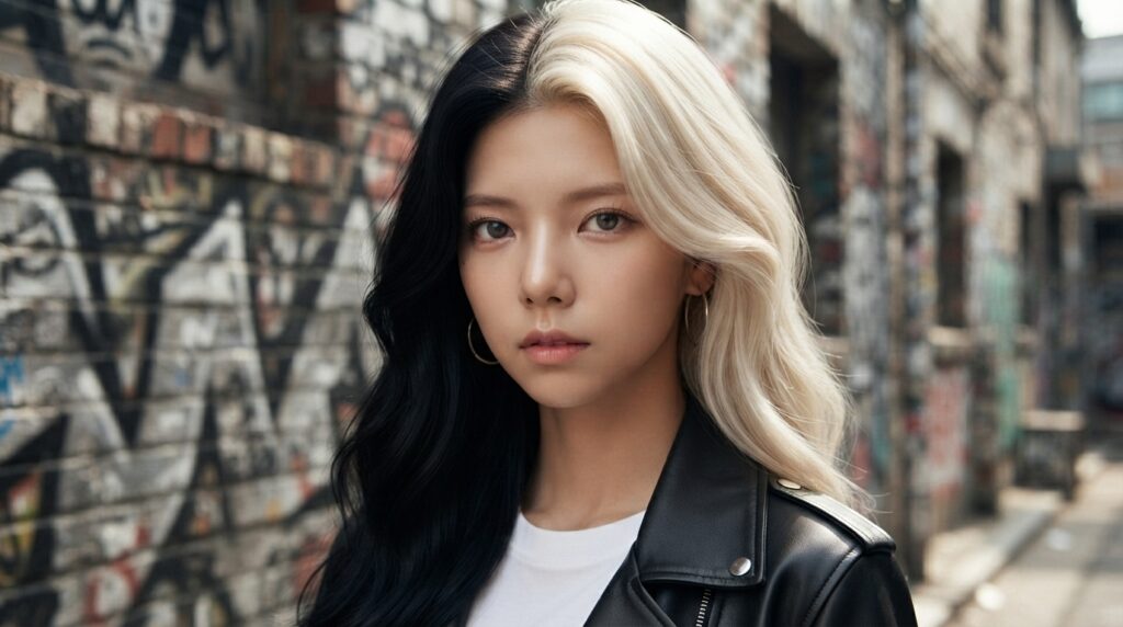 Two-tone black and platinum blonde hairstyle inspired